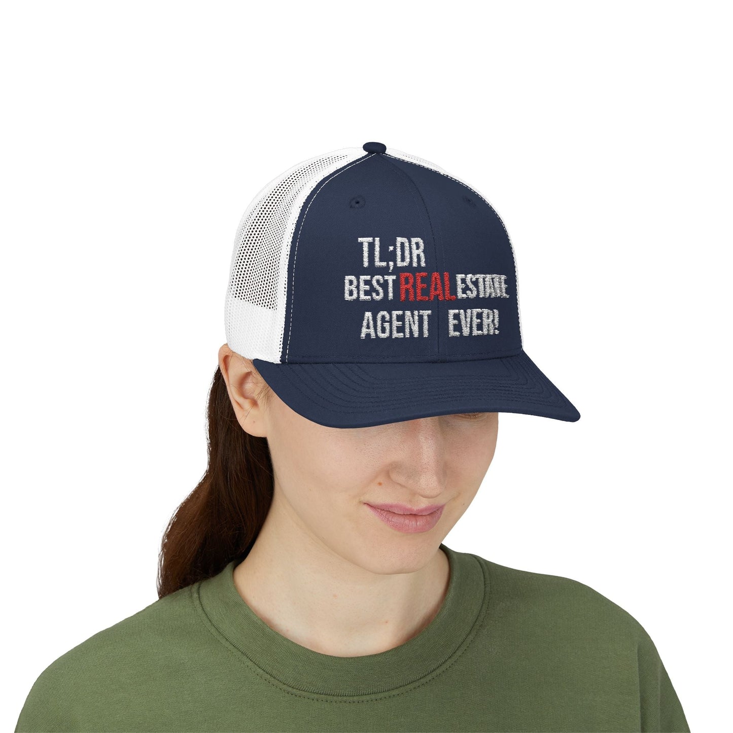 TL;DR: Best Real Estate Agent Ever Hat – Trucker Cap With Bold Statement – Navy / White Hats for Casual Headwear (36 view)