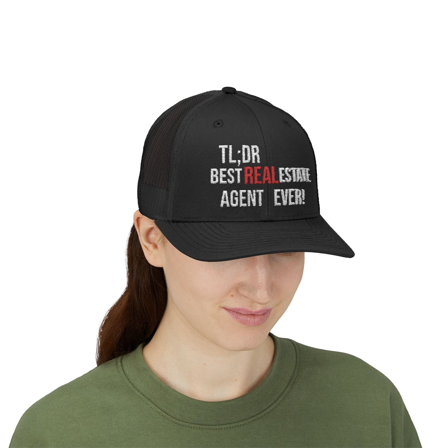 TL;DR: Best Real Estate Agent Ever Hat – Trucker Cap With Bold Statement – Black Hats for Casual Headwear (4 view)