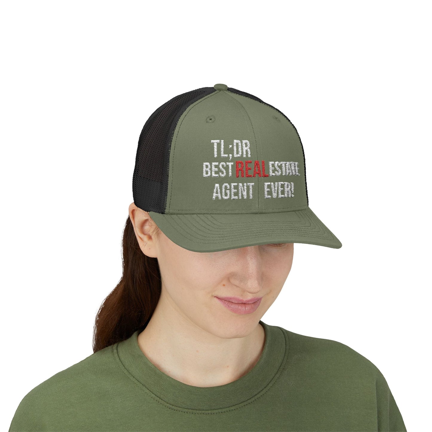 TL;DR: Best Real Estate Agent Ever Hat – Trucker Cap With Bold Statement – Black / White Hats by Printify