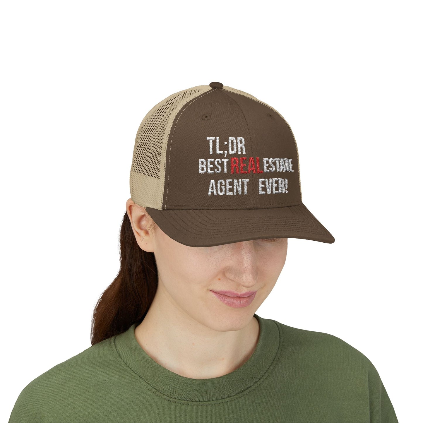 TL;DR: Best Real Estate Agent Ever Hat – Trucker Cap With Bold Statement – Brown / Khaki Hats by Printify