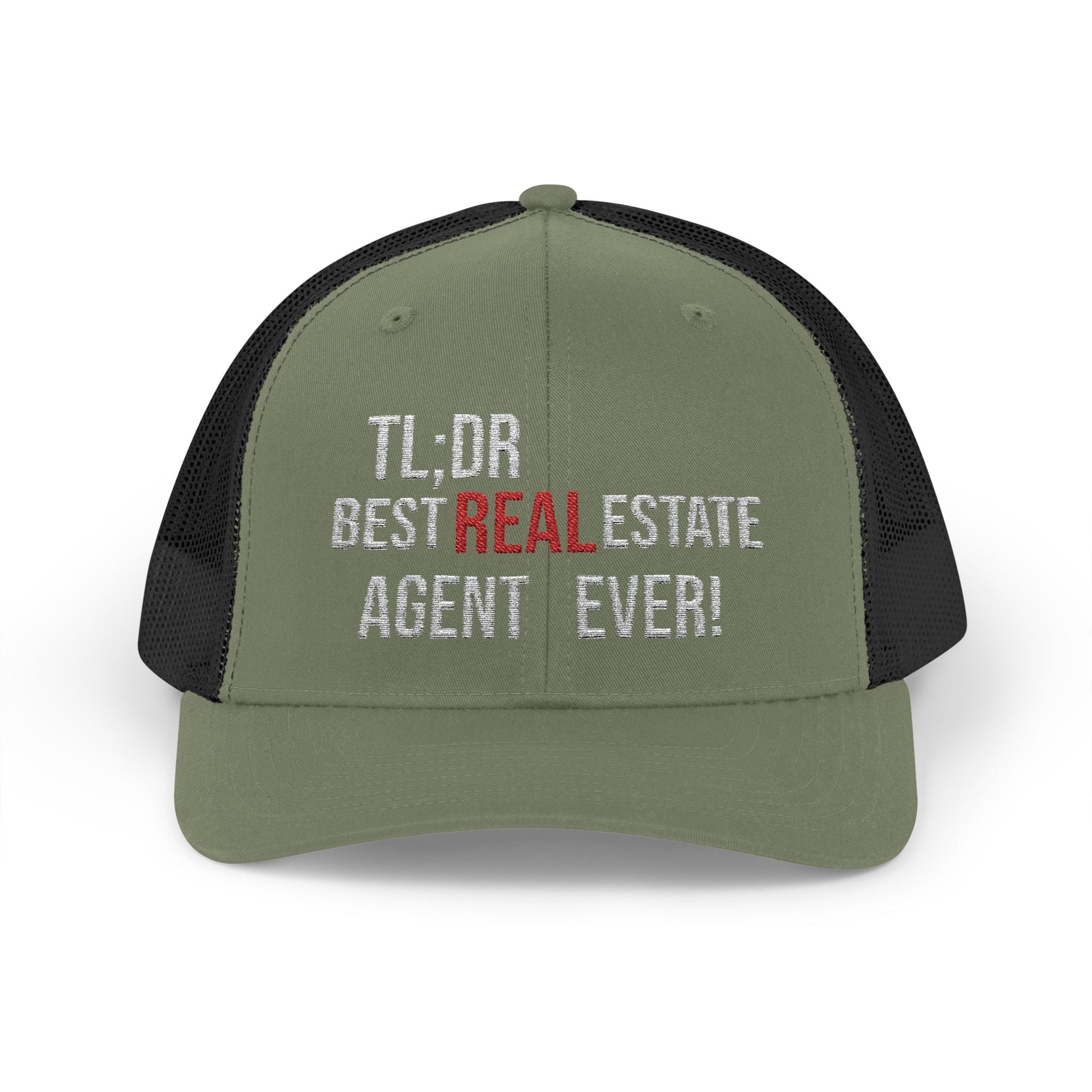 TL;DR: Best Real Estate Agent Ever Hat – Trucker Cap With Bold Statement – Black / White Hats by Printify