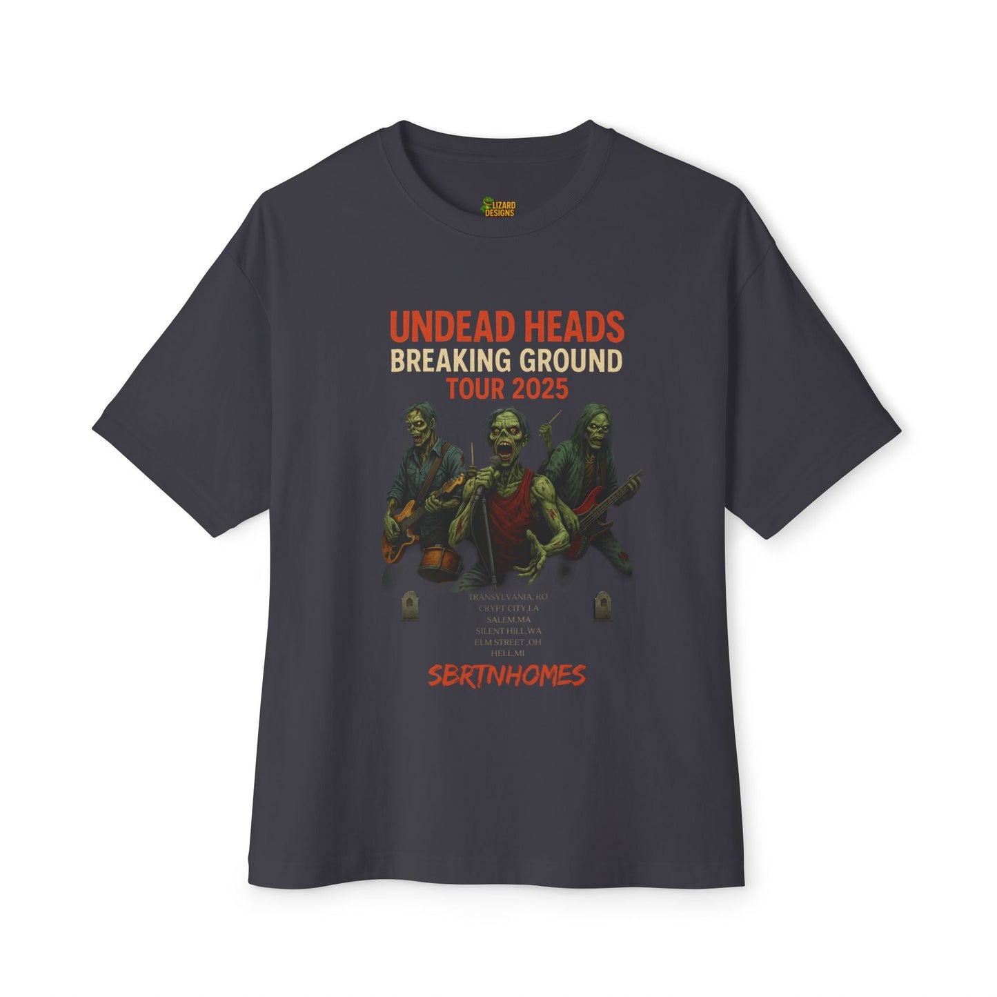 Undead Heads – Breaking Ground Tour 2025 Graphic Tee | Vintage Rock Band Shirt, Halloween Music Festival Merch – Dark Grey T-Shirt for alternative style (2 view)
