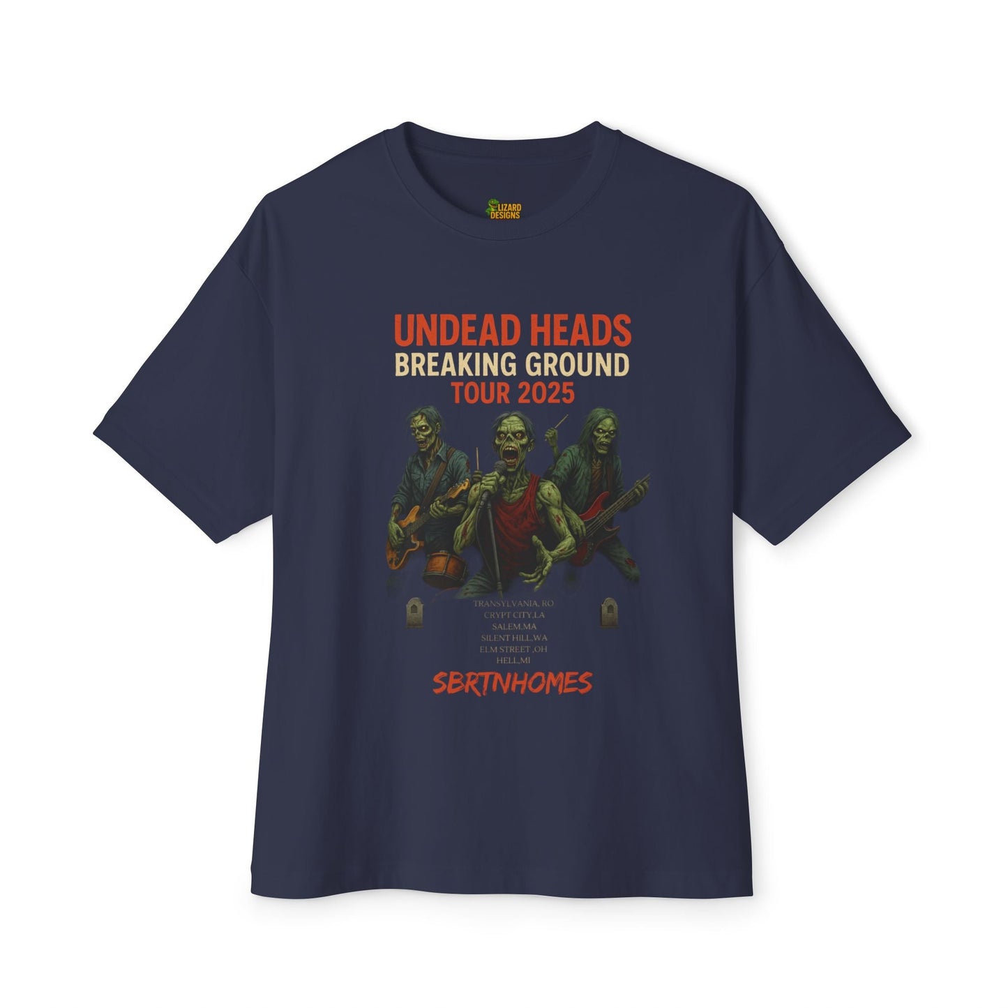 Undead Heads – Breaking Ground Tour 2025 Graphic Tee | Vintage Rock Band Shirt, Halloween Music Festival Merch – Navy T-Shirt for alternative style (4 view)