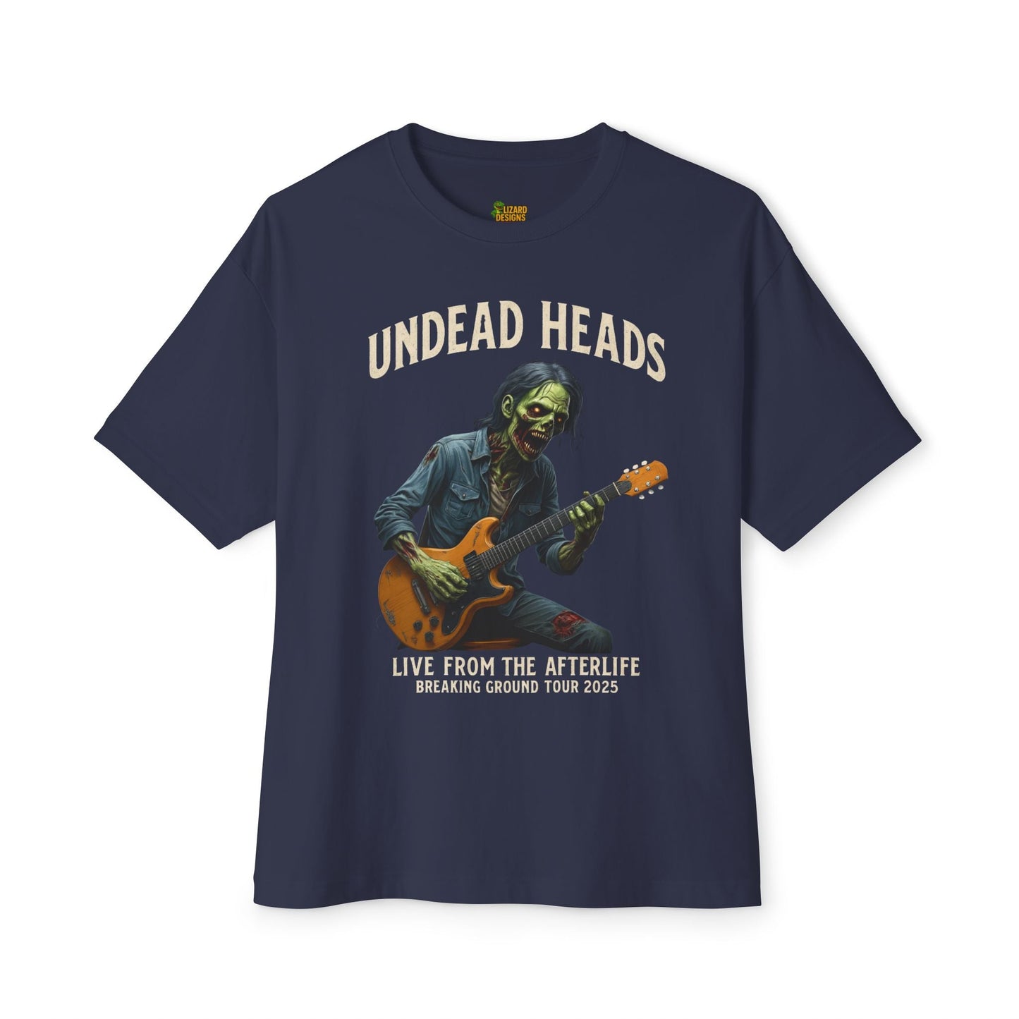 Undead Heads – Breaking Ground Tour 2025 Tee | Vintage Zombie Band Shirt for Halloween & Festival Chaos | Lizard Designs – Navy T-Shirt for alternative style (4 view)