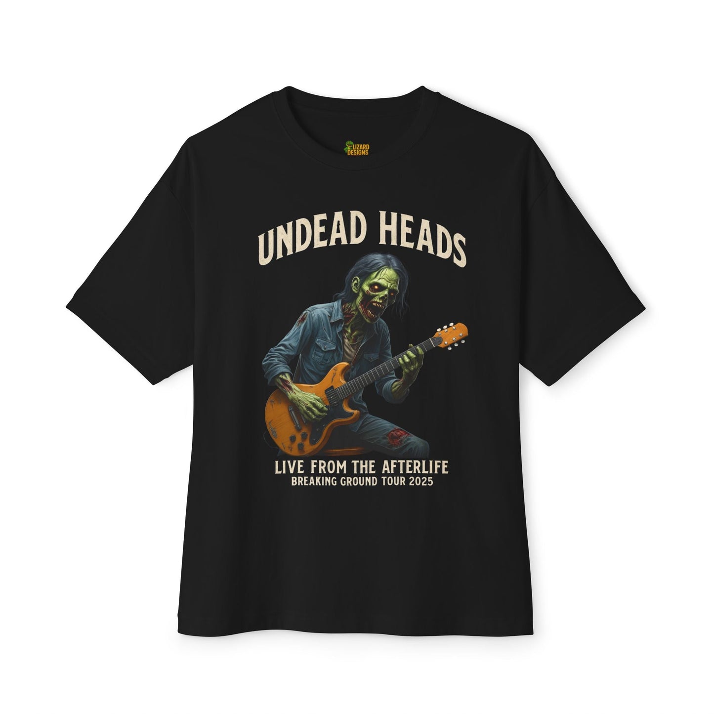 Undead Heads – Breaking Ground Tour 2025 Tee | Vintage Zombie Band Shirt for Halloween & Festival Chaos | Lizard Designs – Black T-Shirt for alternative style (1 view)