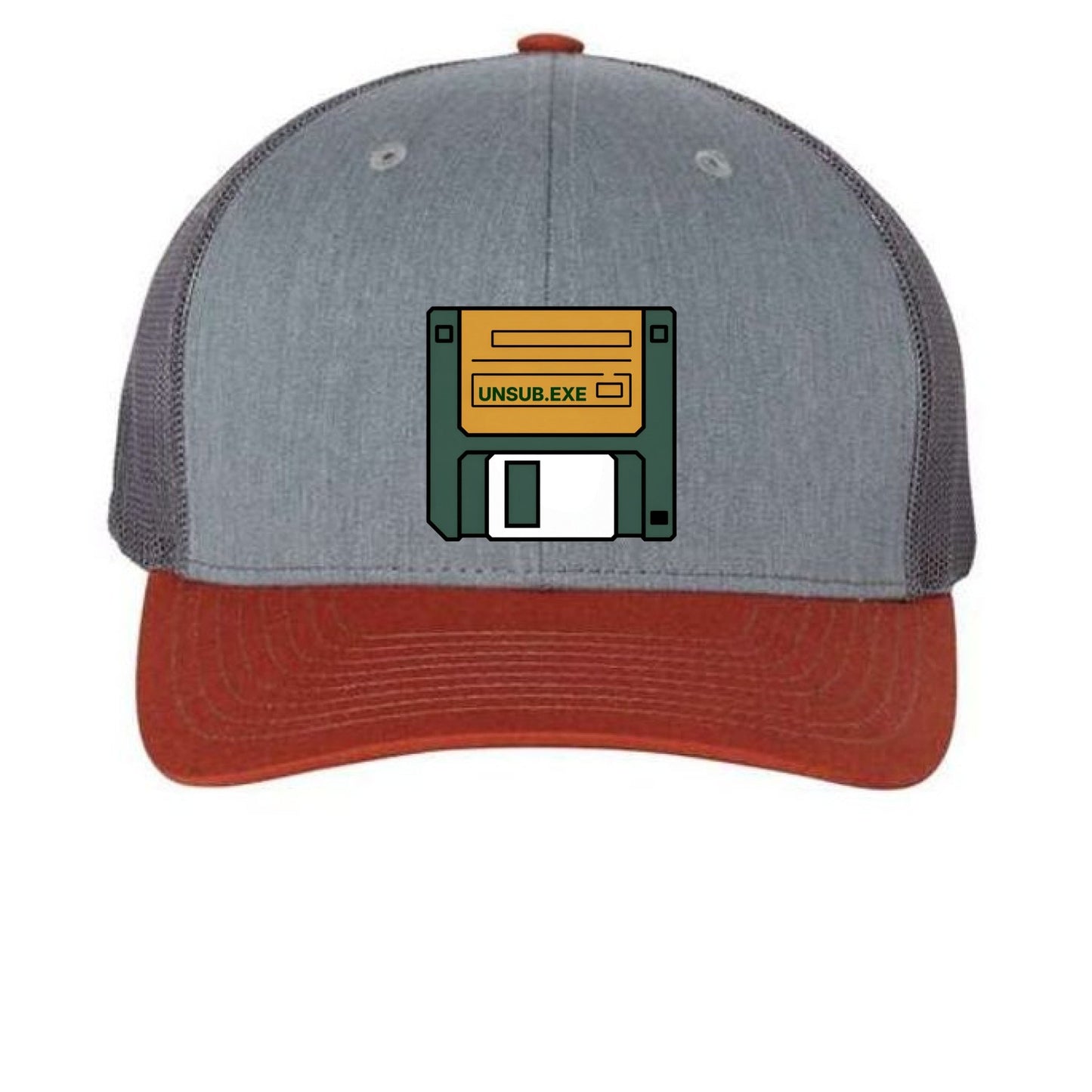 UNSUB.EXE Hat – Retro Floppy Disk Humor | RM Outpost – Heather Grey/ Charcoal/ Dark Orange Hats for Apparel (15 view)