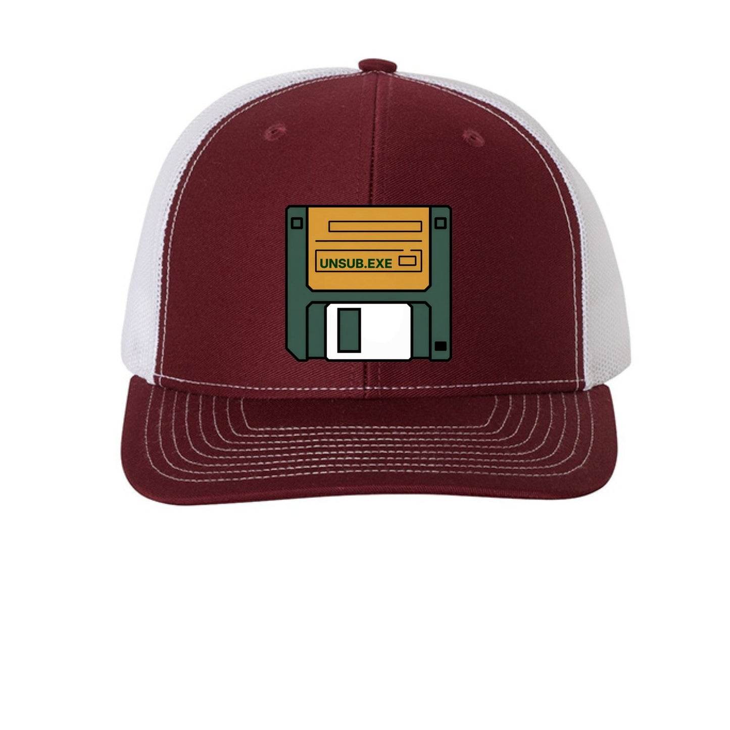 UNSUB.EXE Hat – Retro Floppy Disk Humor | RM Outpost – Cardinal/ White Hats for Apparel (7 view)