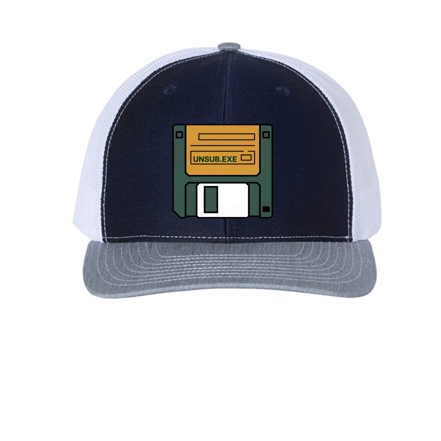 UNSUB.EXE Hat – Retro Floppy Disk Humor | RM Outpost – Navy/ White/ Heather Grey Hats for Apparel (3 view)