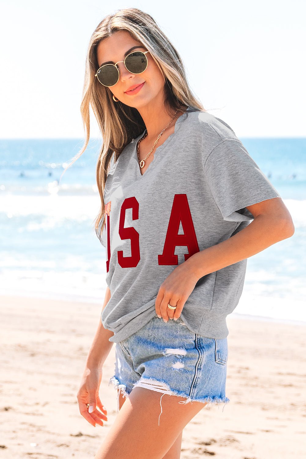 USA Patch Notched Neck Loose Tee – Light Grey Tops/Tops & Tees for Shopify Collective (4 view)