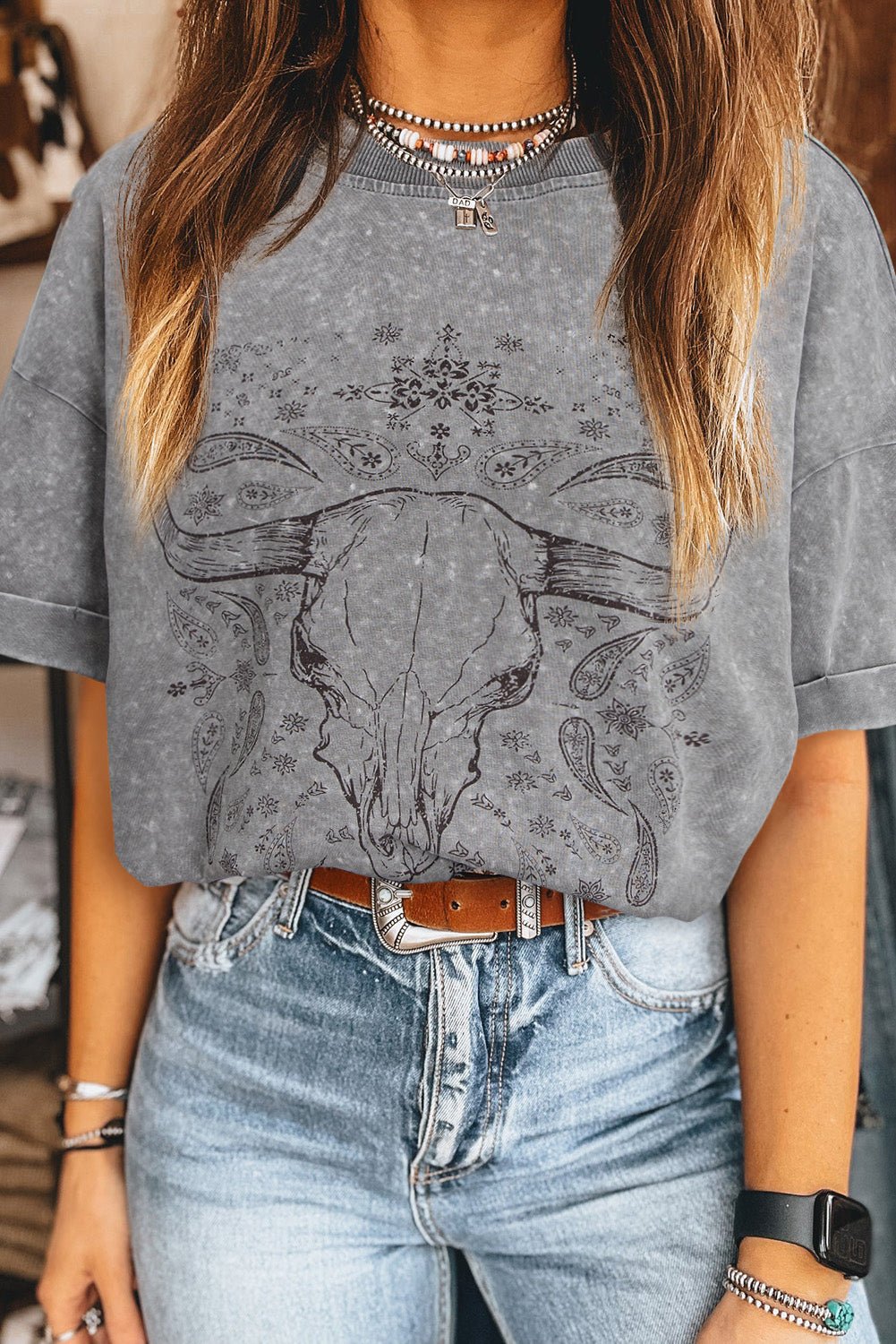 Western Steer Head Tie Dye Tee – Light Grey Graphic/Graphic Tees for Shopify Collective (2 view)