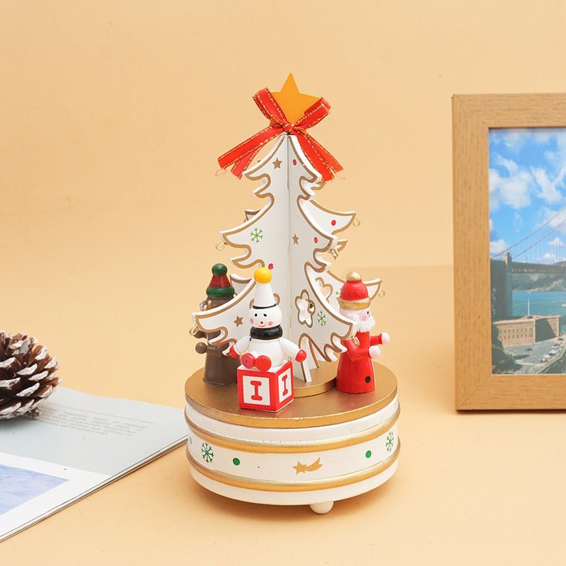 Wooden Christmas Tree Carousel Music Box – Festive Desktop Ornament | Holiday Decor – white Christmas Ornament for Carousel (3 view)