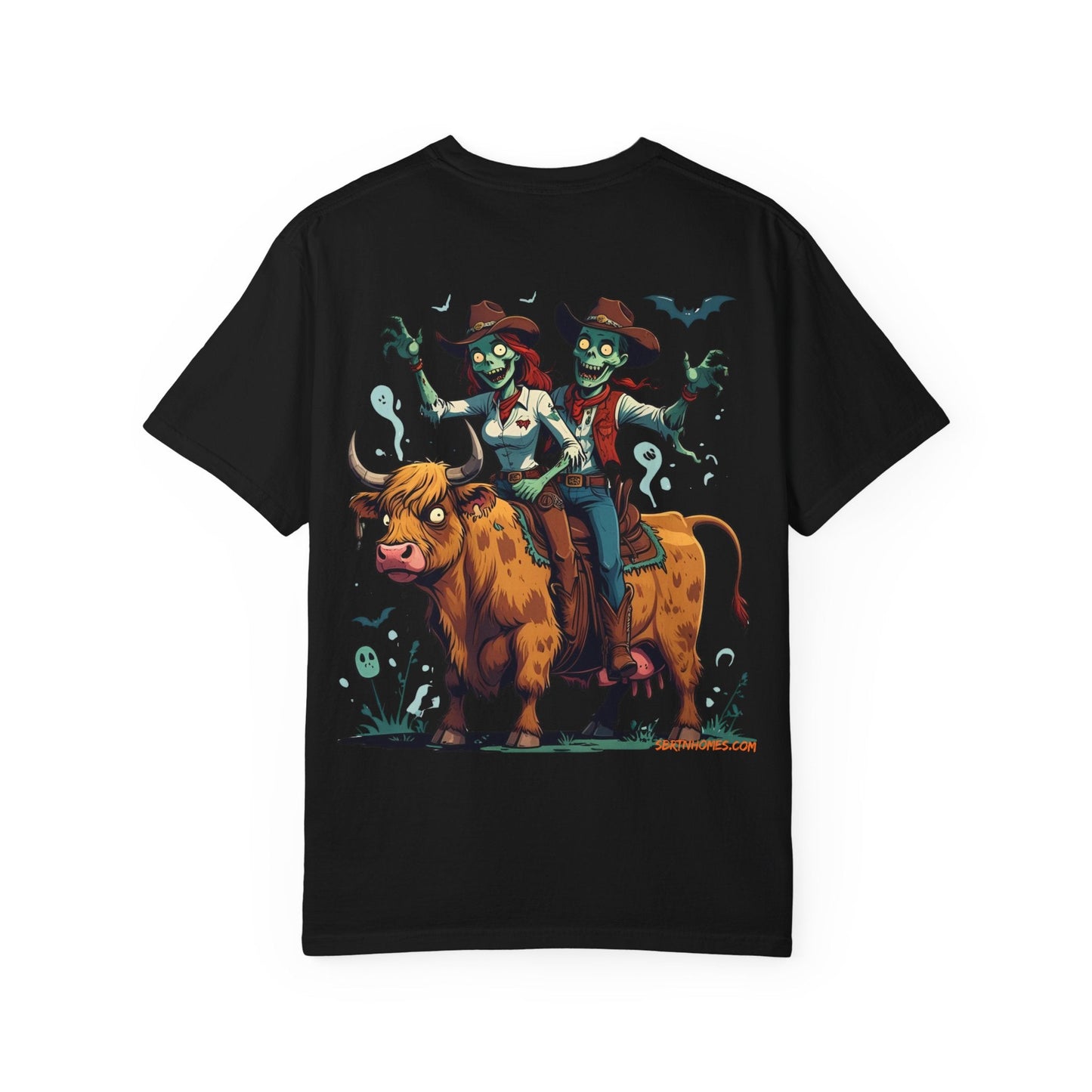 Zombie Couple Rodeo Tee – Cartoon Undead Cowboys on the Loose | Funny Halloween Shirt – Black T-Shirt for bull rider Halloween tee (35 view)