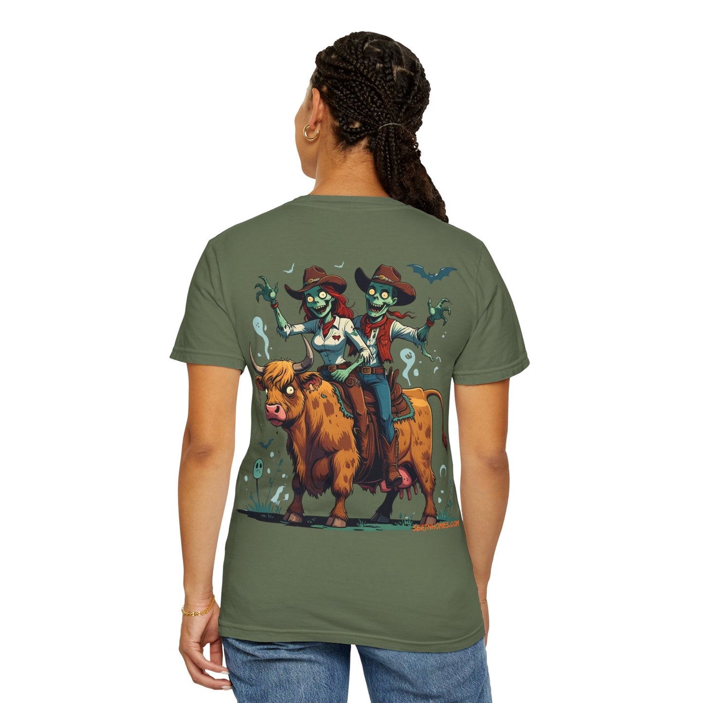 Zombie Couple Rodeo Tee – Cartoon Undead Cowboys on the Loose | Funny Halloween Shirt – White T-Shirt for bull rider Halloween tee (18 view)