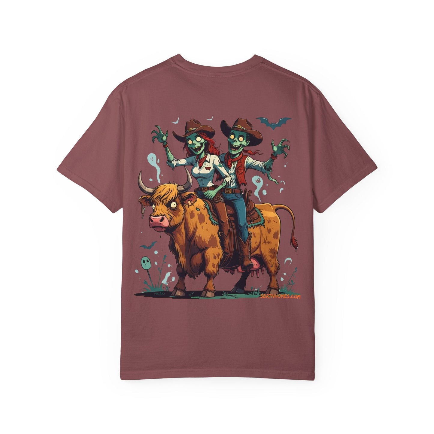 Zombie Couple Rodeo Tee – Cartoon Undead Cowboys on the Loose | Funny Halloween Shirt – White T-Shirt for bull rider Halloween tee (8 view)