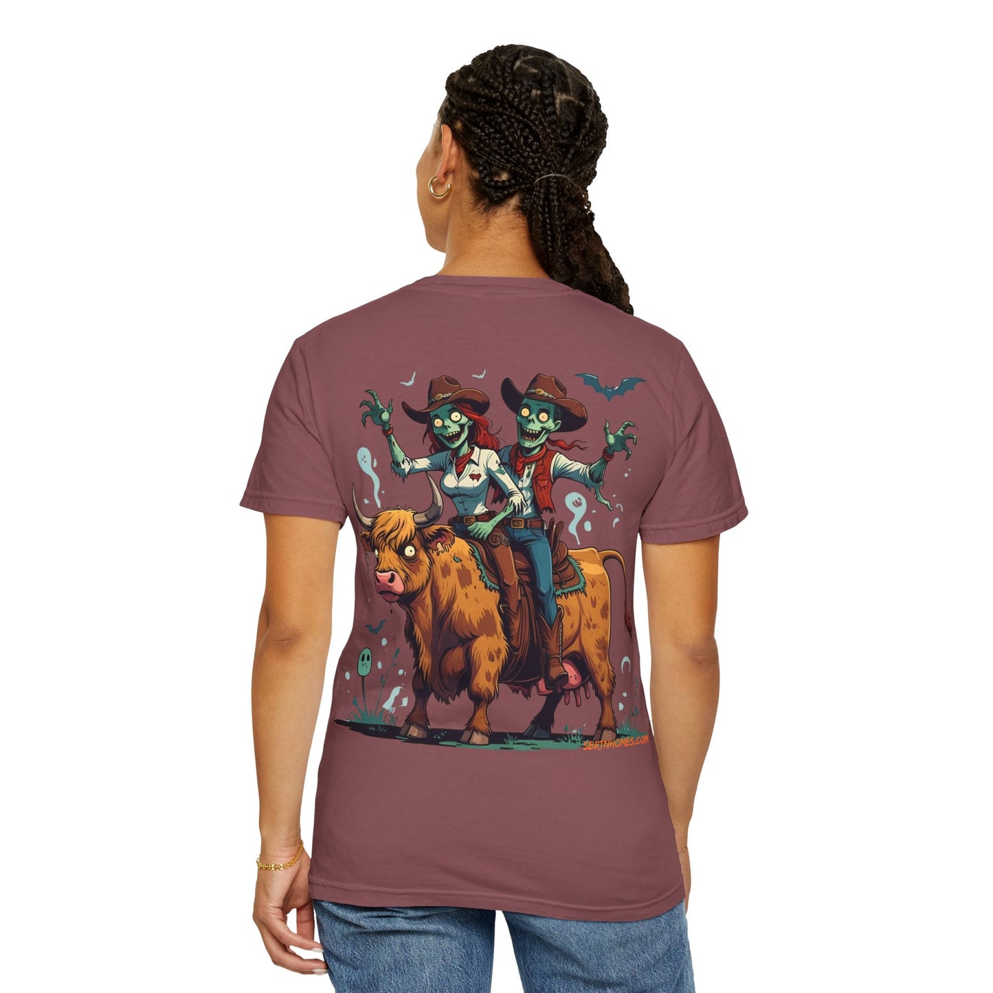 Zombie Couple Rodeo Tee – Cartoon Undead Cowboys on the Loose | Funny Halloween Shirt – White T-Shirt for bull rider Halloween tee (9 view)
