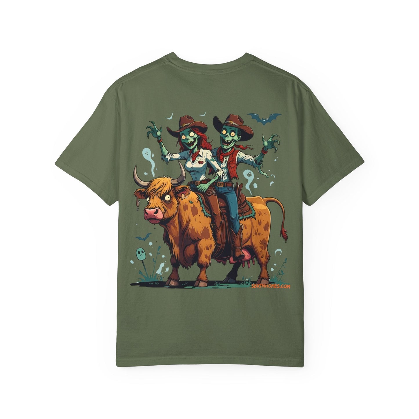 Zombie Couple Rodeo Tee – Cartoon Undead Cowboys on the Loose | Funny Halloween Shirt – White T-Shirt for bull rider Halloween tee (17 view)