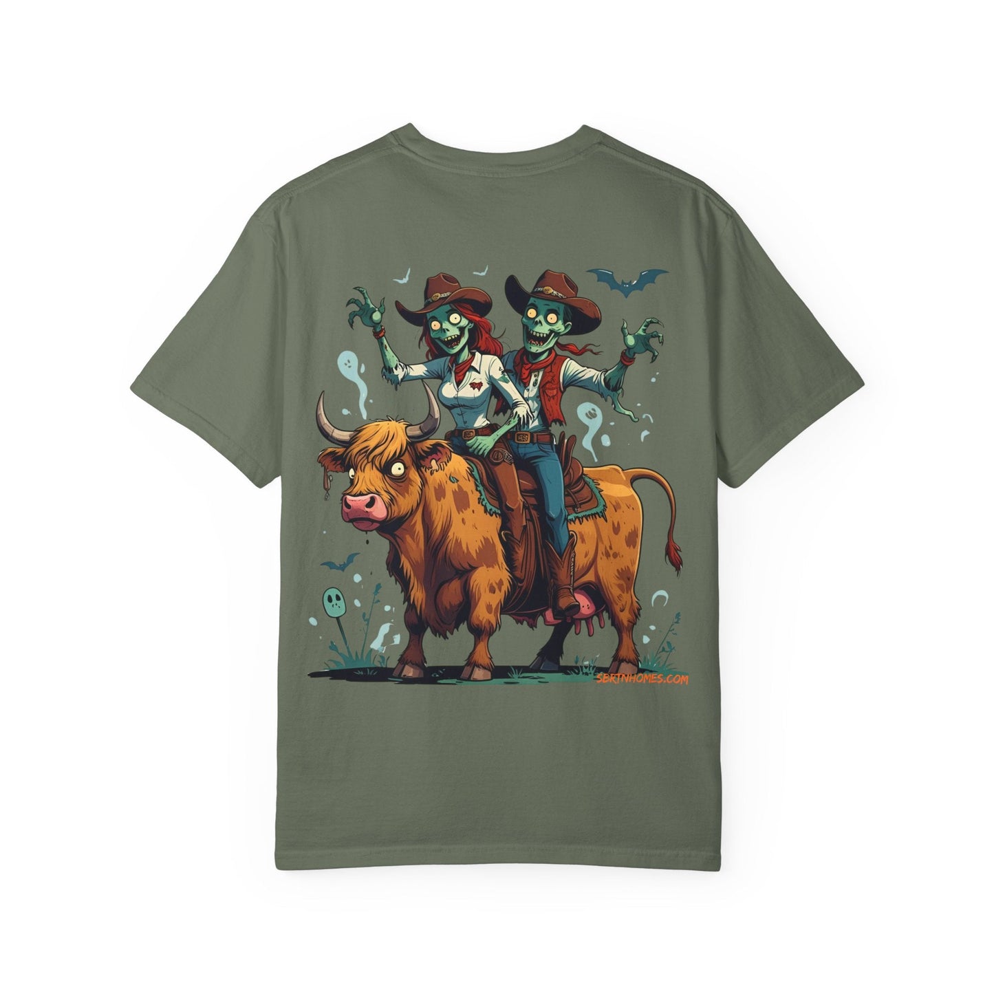 Zombie Couple Rodeo Tee – Cartoon Undead Cowboys on the Loose | Funny Halloween Shirt – White T-Shirt for bull rider Halloween tee (20 view)