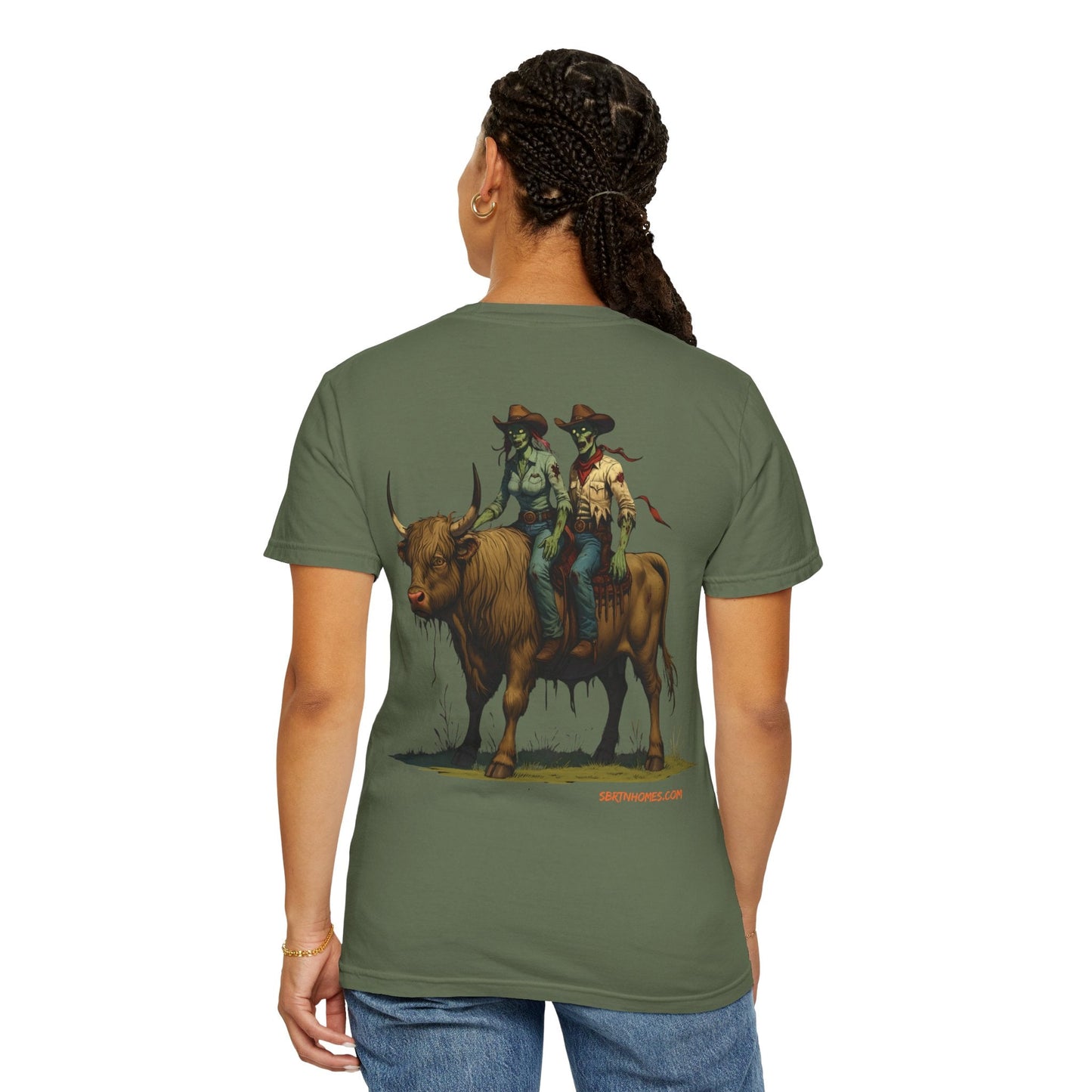 Zombie Cowboy Couple Tee – Undead Romance in the Wild West | Halloween Shirts – Black T-Shirt for Casual Outfit Idea (18 view)