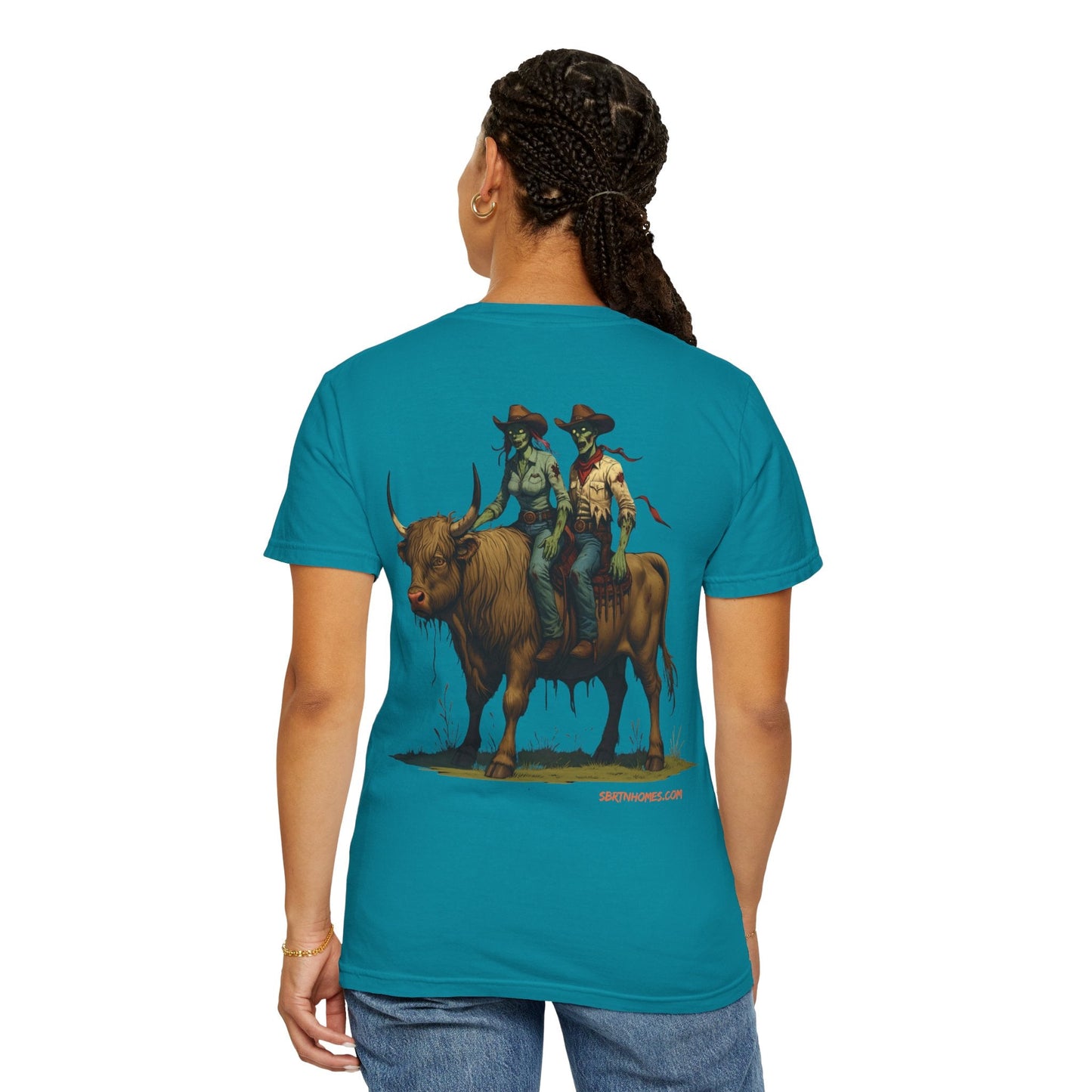 Zombie Cowboy Couple Tee – Undead Romance in the Wild West | Halloween Shirts – Black T-Shirt for Casual Outfit Idea (24 view)