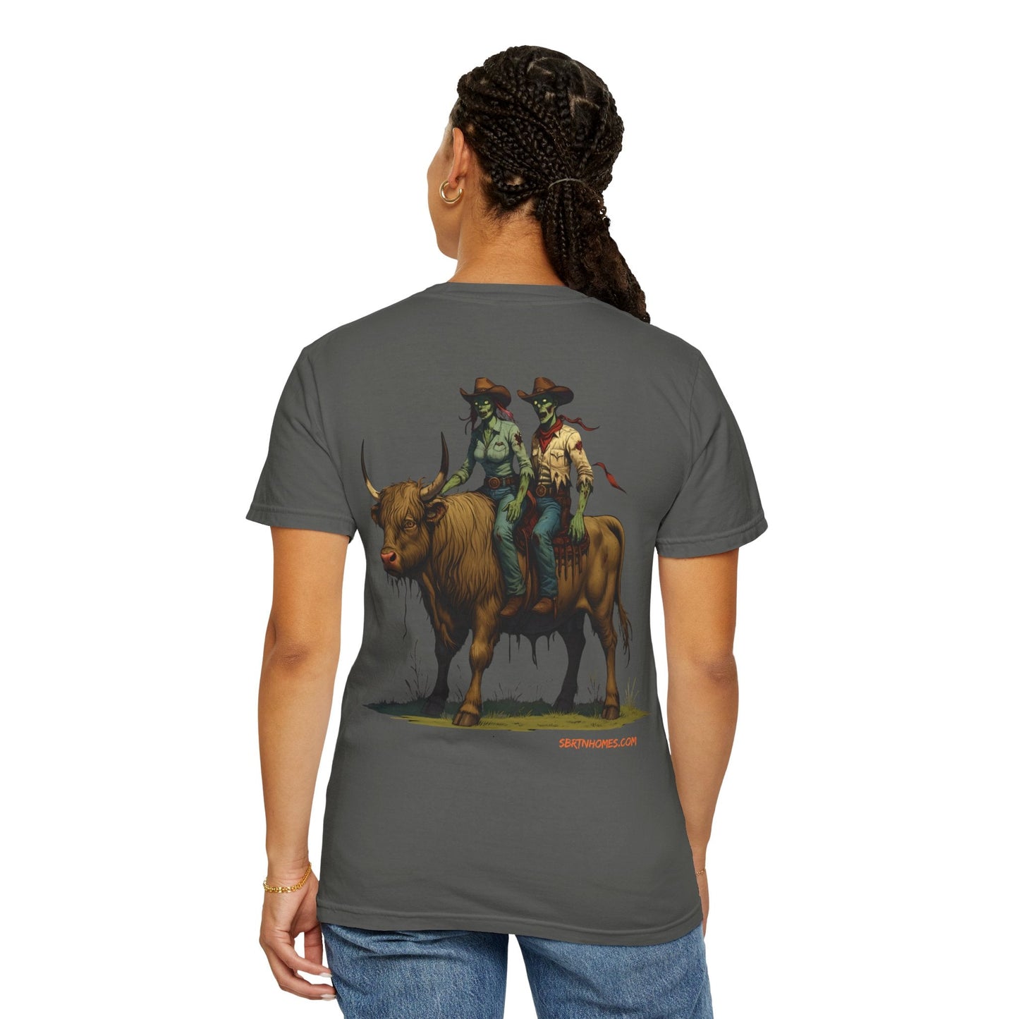 Zombie Cowboy Couple Tee – Undead Romance in the Wild West | Halloween Shirts – Black T-Shirt for Casual Outfit Idea (12 view)