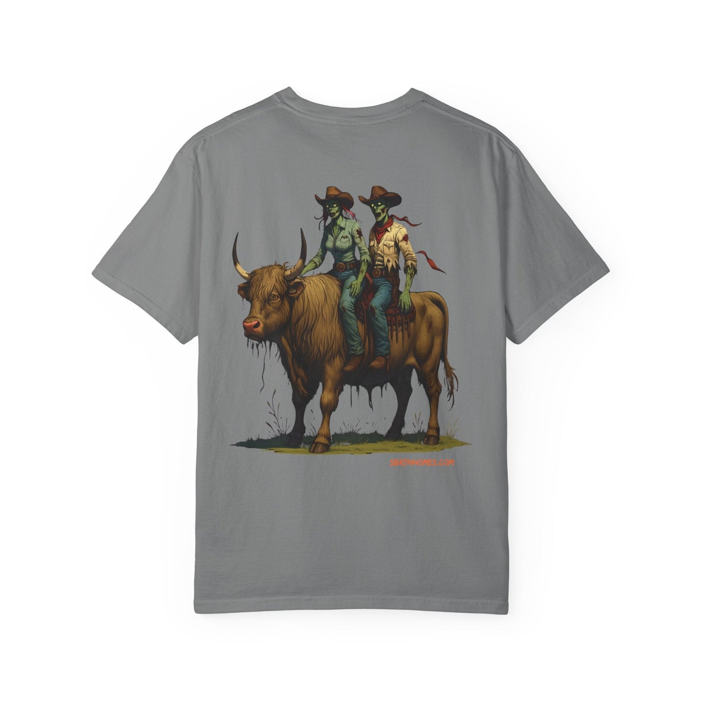 Zombie Cowboy Couple Tee – Undead Romance in the Wild West | Halloween Shirts – Black T-Shirt for Casual Outfit Idea (14 view)