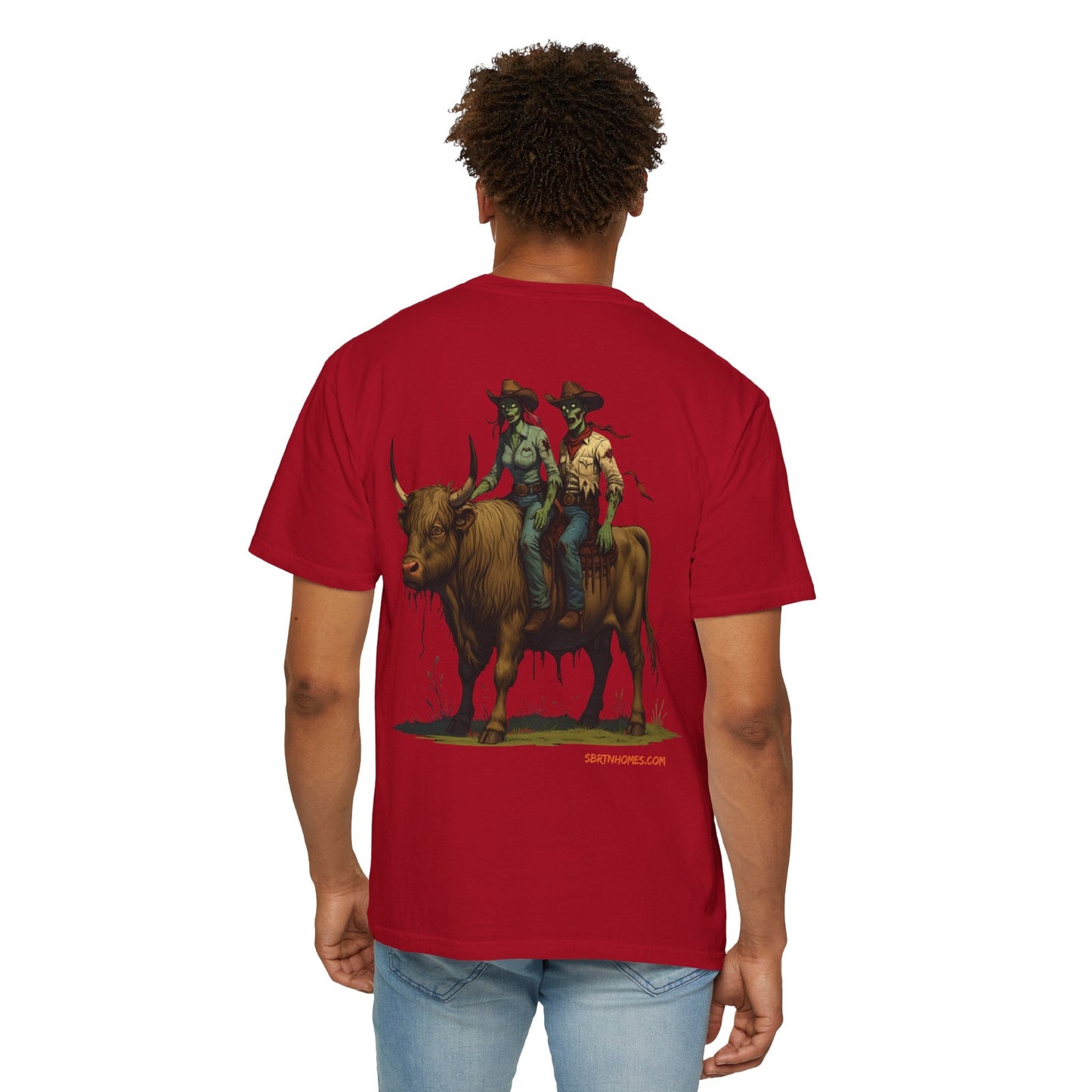 Zombie Cowboy Couple Tee – Undead Romance in the Wild West | Halloween Shirts – Black T-Shirt for Casual Outfit Idea (49 view)