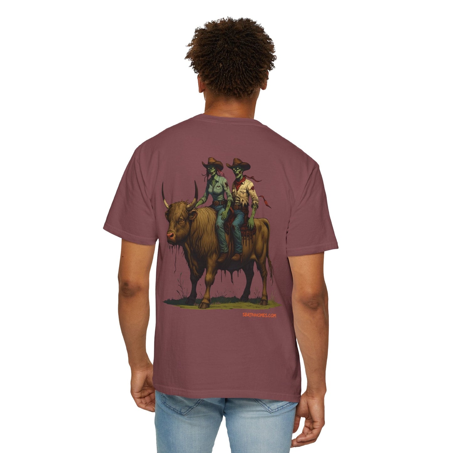 Zombie Cowboy Couple Tee – Undead Romance in the Wild West | Halloween Shirts – Black T-Shirt for Casual Outfit Idea (10 view)