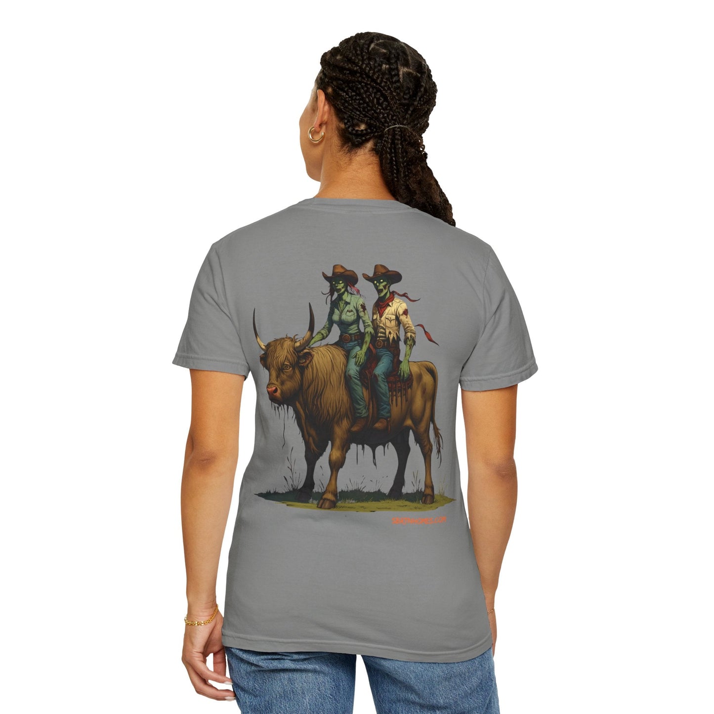 Zombie Cowboy Couple Tee – Undead Romance in the Wild West | Halloween Shirts – Black T-Shirt for Casual Outfit Idea (27 view)