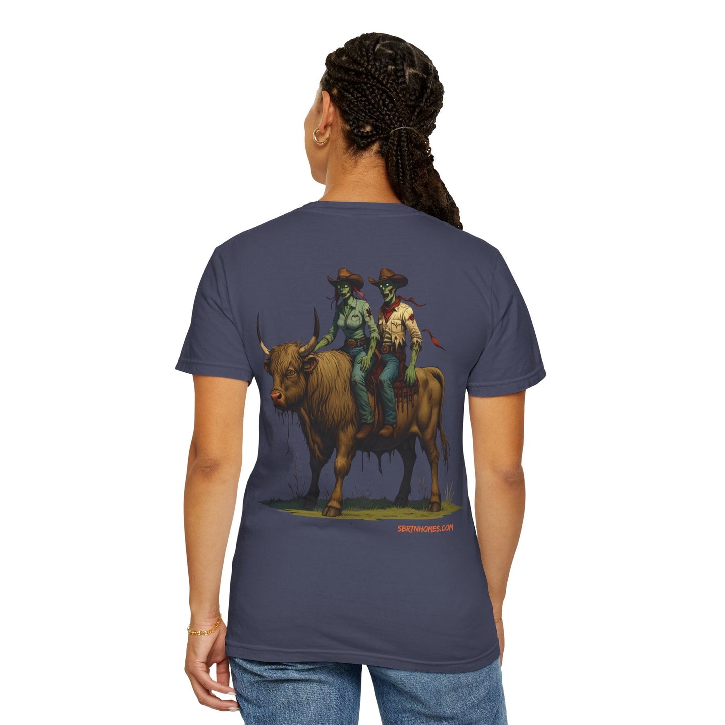 Zombie Cowboy Couple Tee – Undead Romance in the Wild West | Halloween Shirts – Black T-Shirt for Casual Outfit Idea (30 view)