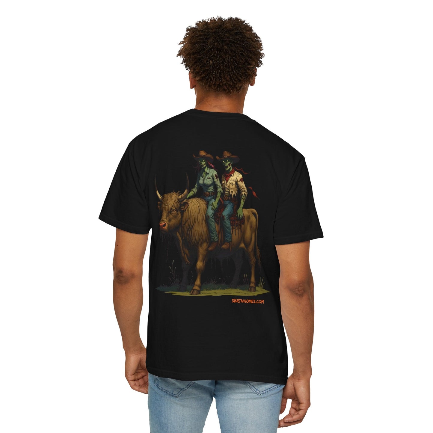 Zombie Cowboy Couple Tee – Undead Romance in the Wild West | Halloween Shirts – Black T-Shirt for Casual Outfit Idea (37 view)
