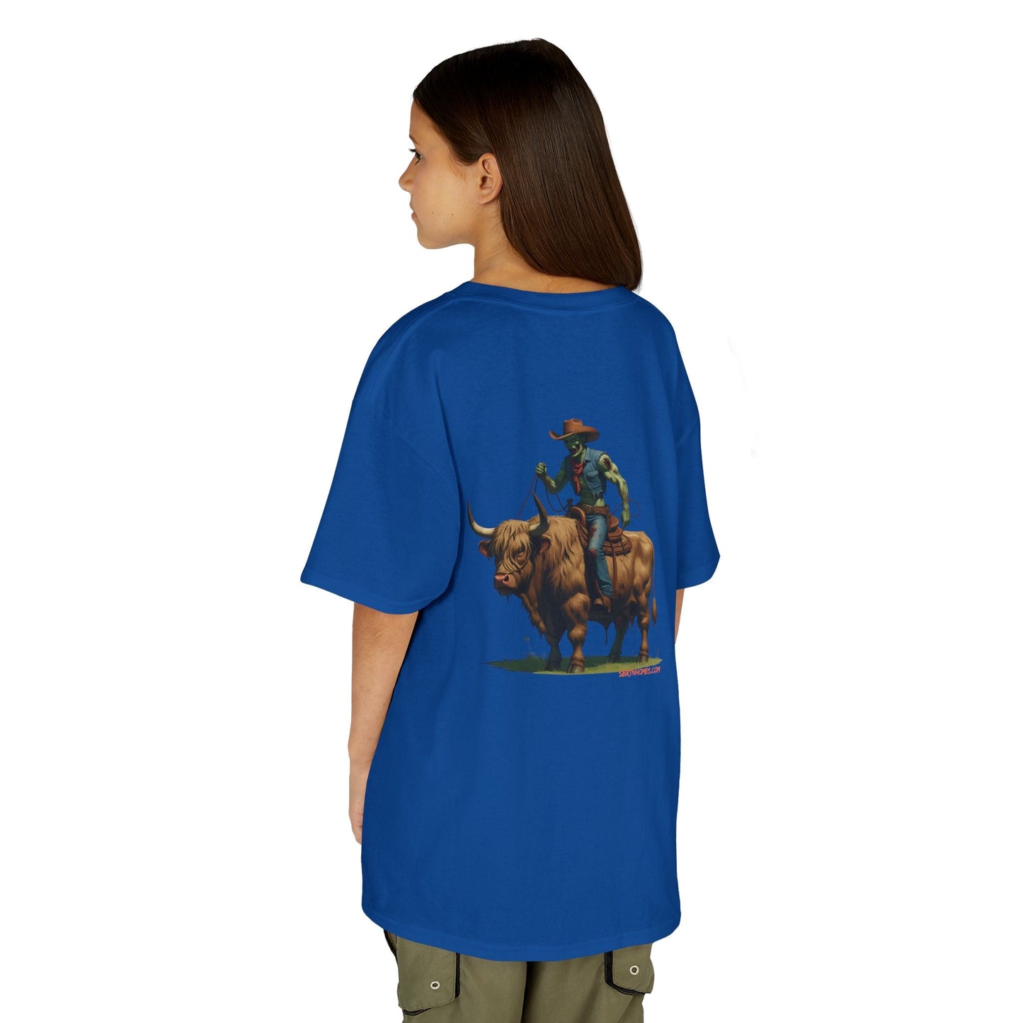 Zombie Cowboy Kids Tee – Undead Rider of the Apocalypse | Halloween Western Shirt – Dark Heather Kids clothes by Printify