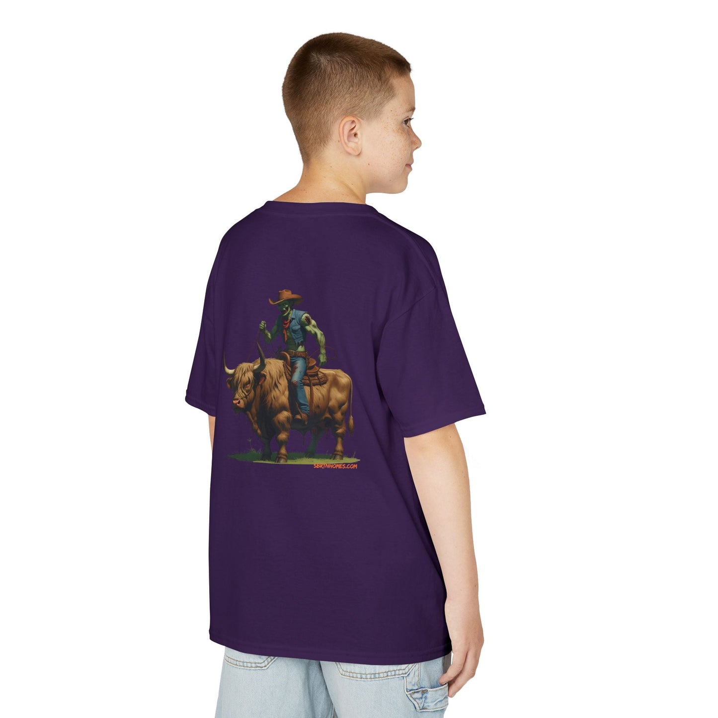 Zombie Cowboy Kids Tee – Undead Rider of the Apocalypse | Halloween Western Shirt – Purple Kids clothes for Animal Graphic Tee (4 view)