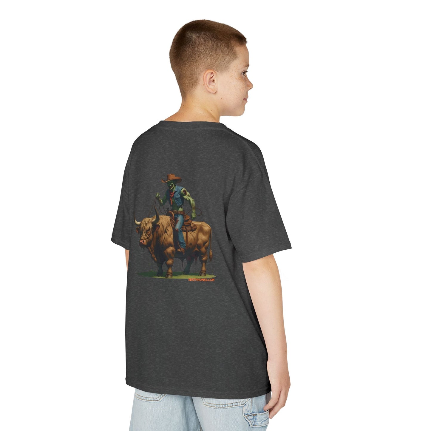 Zombie Cowboy Kids Tee – Undead Rider of the Apocalypse | Halloween Western Shirt – Dark Heather Kids clothes for Animal Graphic Tee (24 view)