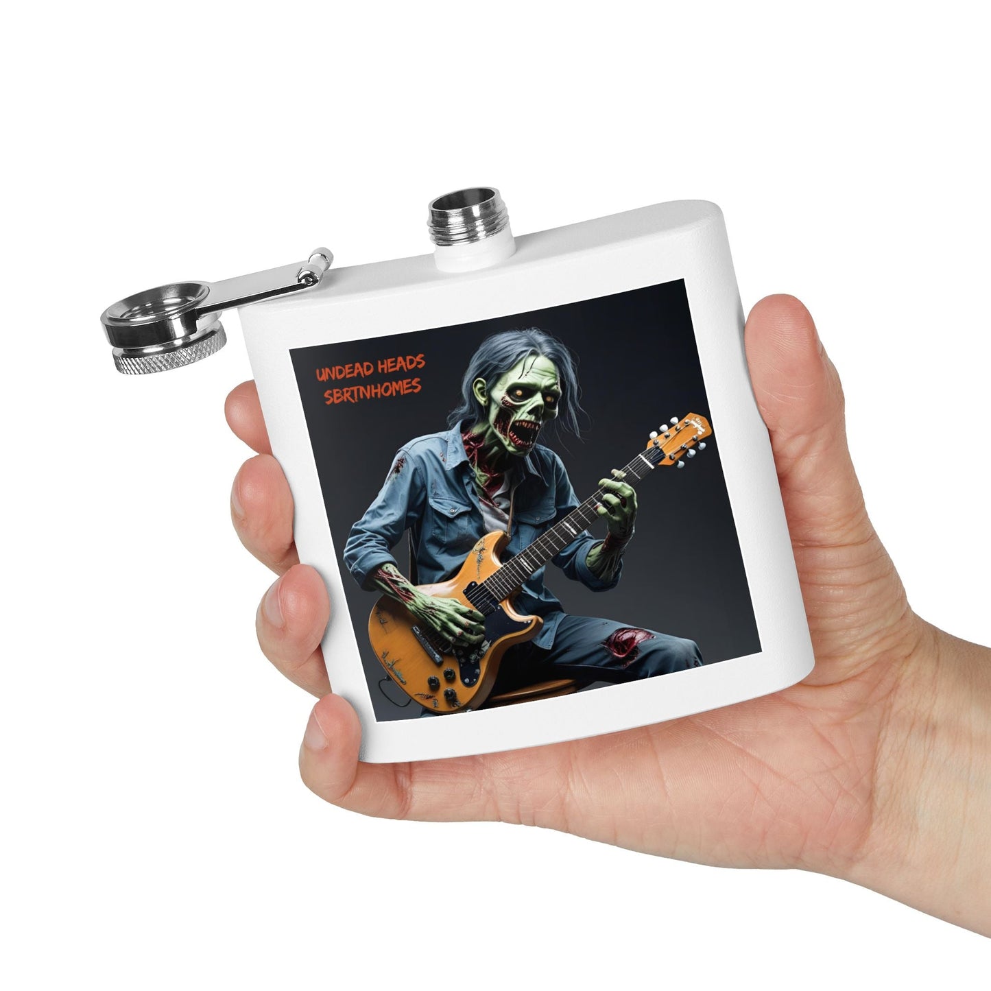 Zombie Guitarist Stainless Steel Flask | 6oz Custom Hip Flask | Gift for Music Lovers, Party Essentials, Halloween, Concerts, Unique Barware – 6oz Mug for concert essentials (12 view)