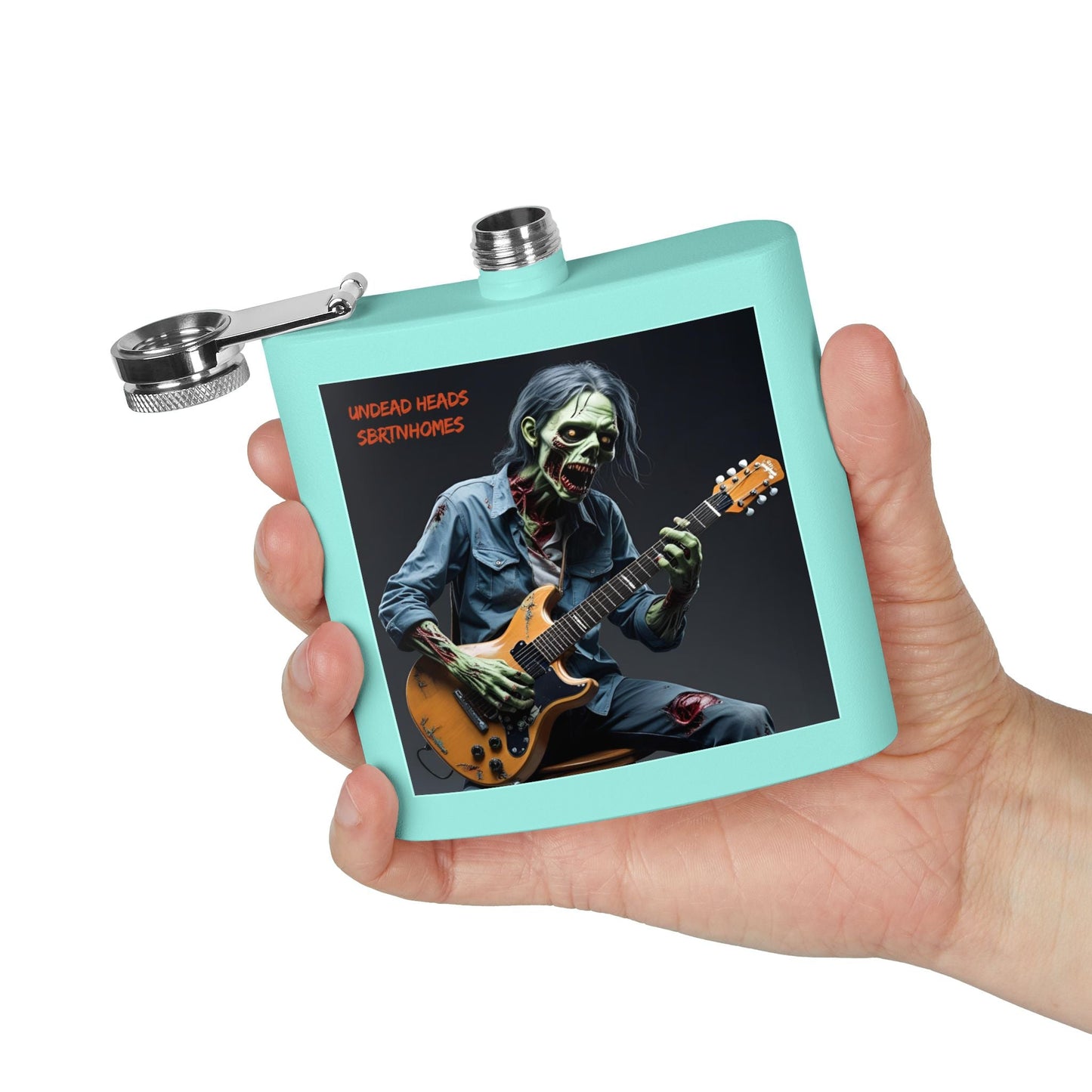 Zombie Guitarist Stainless Steel Flask | 6oz Custom Hip Flask | Gift for Music Lovers, Party Essentials, Halloween, Concerts, Unique Barware – 6oz Mug for concert essentials (24 view)