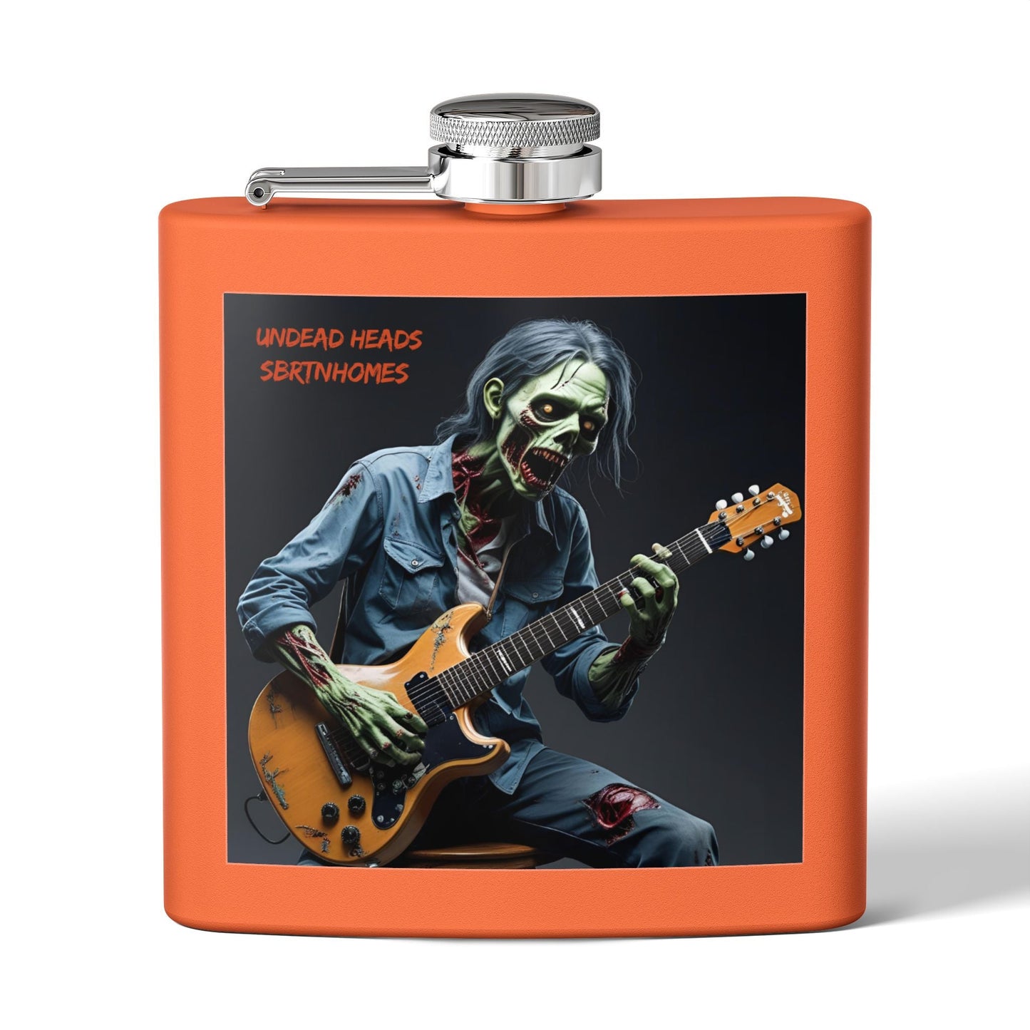 Zombie Guitarist Stainless Steel Flask | 6oz Custom Hip Flask | Gift for Music Lovers, Party Essentials, Halloween, Concerts, Unique Barware – 6oz Mug for concert essentials (3 view)