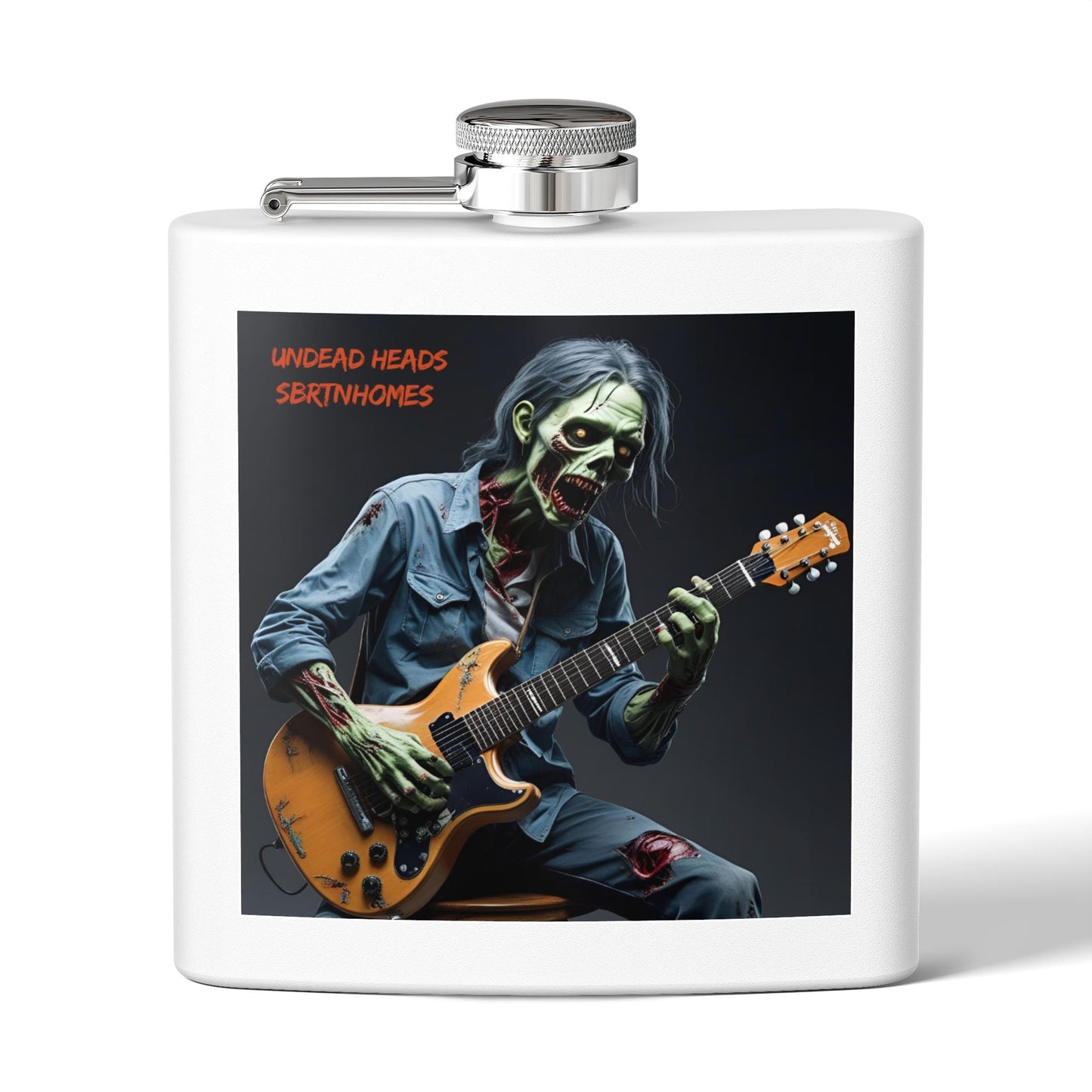 Zombie Guitarist Stainless Steel Flask | 6oz Custom Hip Flask | Gift for Music Lovers, Party Essentials, Halloween, Concerts, Unique Barware – 6oz Mug for concert essentials (1 view)