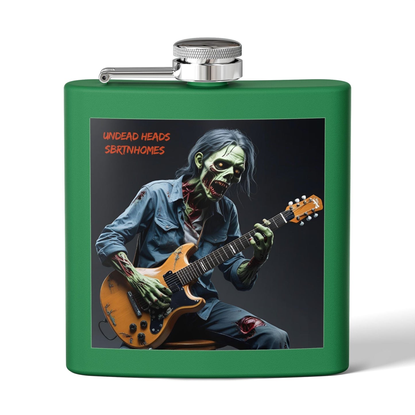 Zombie Guitarist Stainless Steel Flask | 6oz Custom Hip Flask | Gift for Music Lovers, Party Essentials, Halloween, Concerts, Unique Barware – 6oz Mug for concert essentials (4 view)