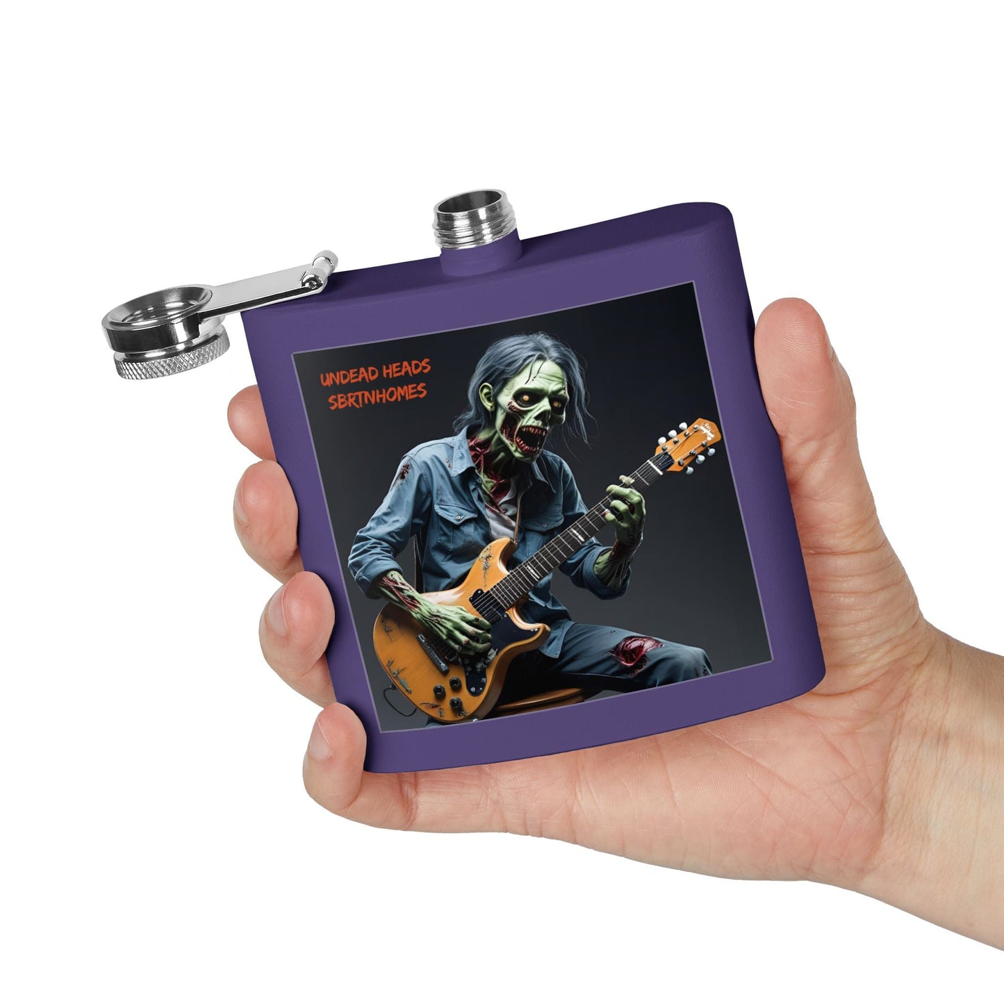 Zombie Guitarist Stainless Steel Flask | 6oz Custom Hip Flask | Gift for Music Lovers, Party Essentials, Halloween, Concerts, Unique Barware – 6oz Mug for concert essentials (33 view)