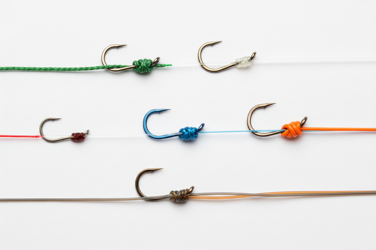 fishing hooks tied with different fishing knots for bass fishing