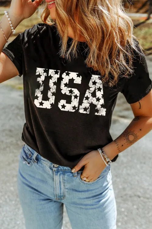 USA Round Neck Short Sleeve T-Shirt – Black by Simply Love