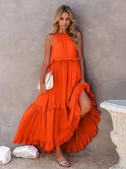 Ruffled Sleeveless Tiered Maxi Dress with Pockets – Orange - Red for Shopify Collective (28 view)