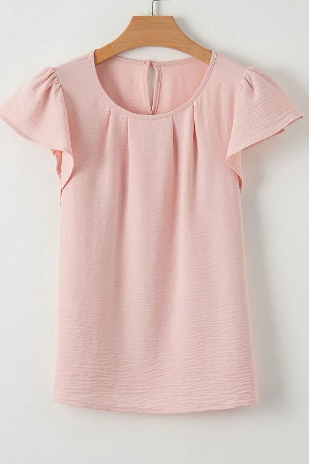 Solid Color Flounce Sleeve Pleated Round Neck Blouse – Blush Pink by Simply Love