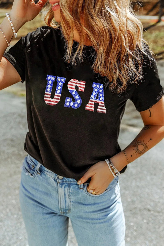 USA Round Neck Short Sleeve T-Shirt – Black by Simply Love