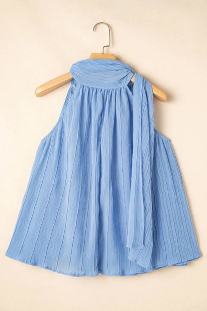 Textured Pleated Tied Mock Neck Flowy Tank Top – Dusty Blue for Shopify Collective (7 view)