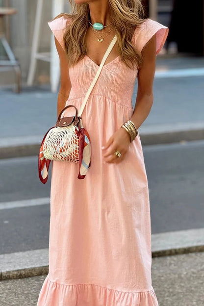V Neck Ruffled Cap Sleeve Smocked Maxi Dress – Watermelon pink for Shopify Collective (12 view)