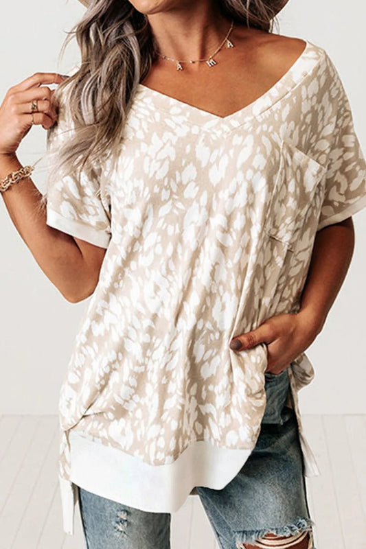 Leopard Print V Neck Side Slit Loose Fit T Shirt – Eggshell for low - stock - alert - sent (1 view)