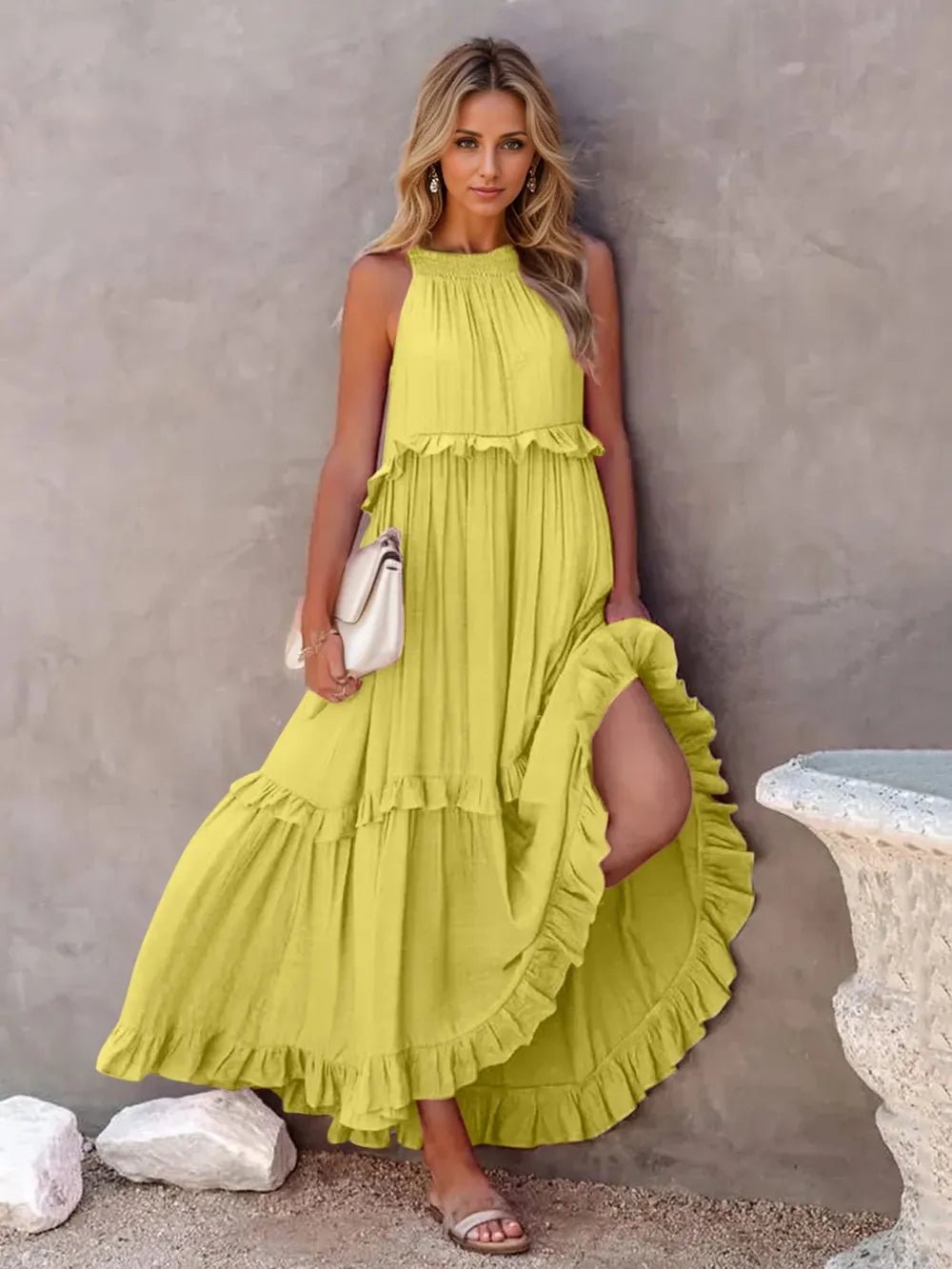 Ruffled Sleeveless Tiered Maxi Dress with Pockets – Chartreuse for Shopify Collective (6 view)