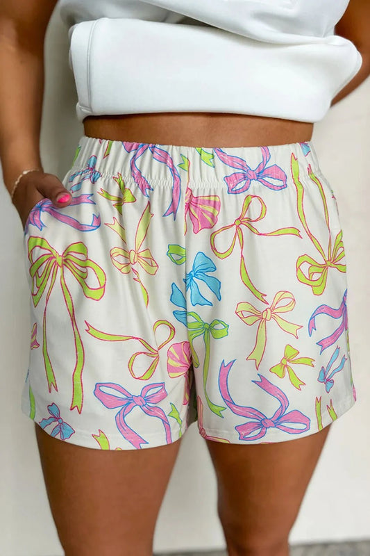 Cheerful Bow Print Elastic Pull On Casual Shorts – Floral by Simply Love