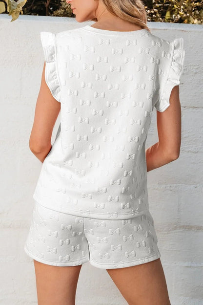 Bow Texture Round Neck Top and Shorts Set – White by Simply Love